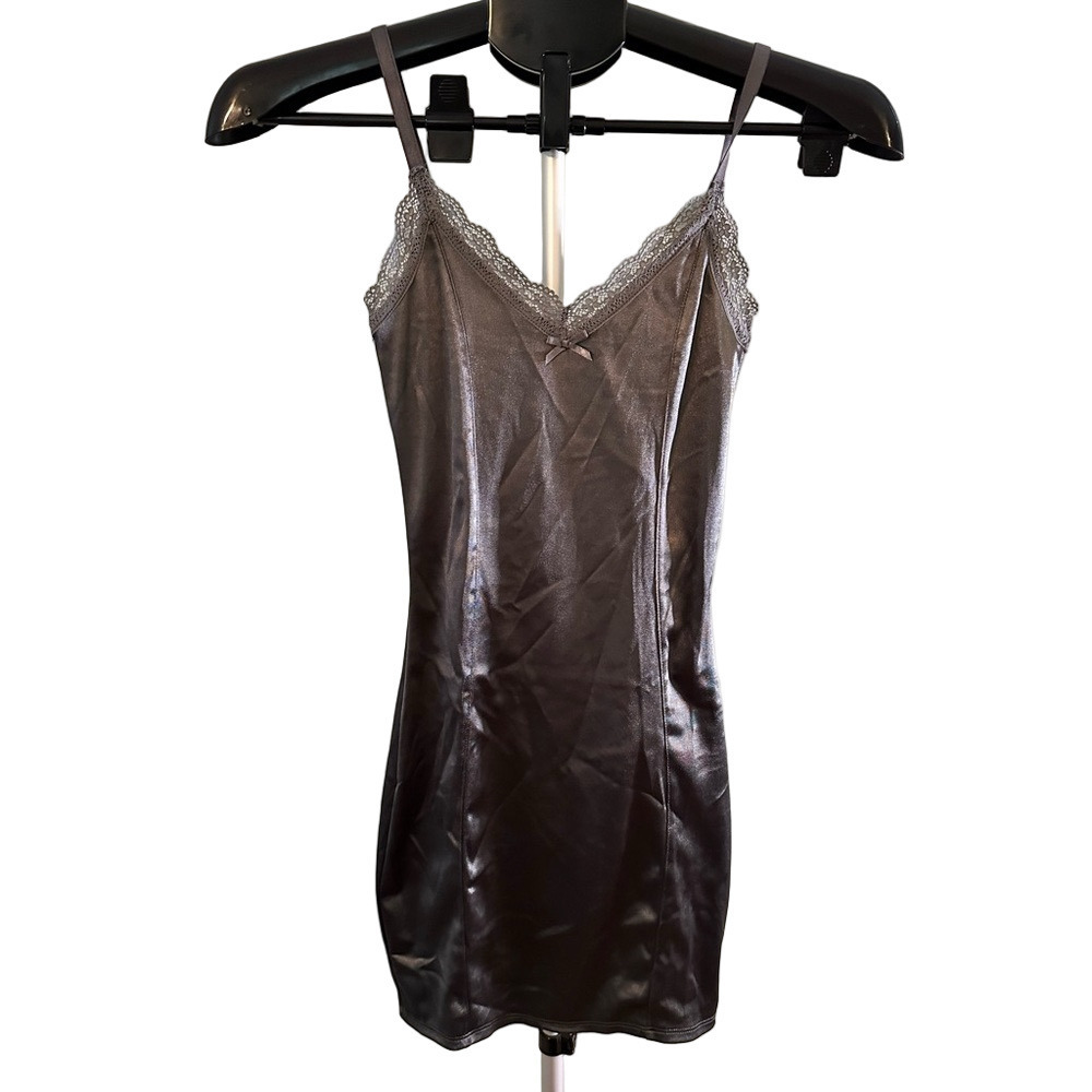 NWT H&M DARK GRAY SATIN MINI DRESS WITH LACE TRIM
